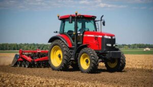 Röd traktor med harv i arbete på en åker under klarblå himmel.
