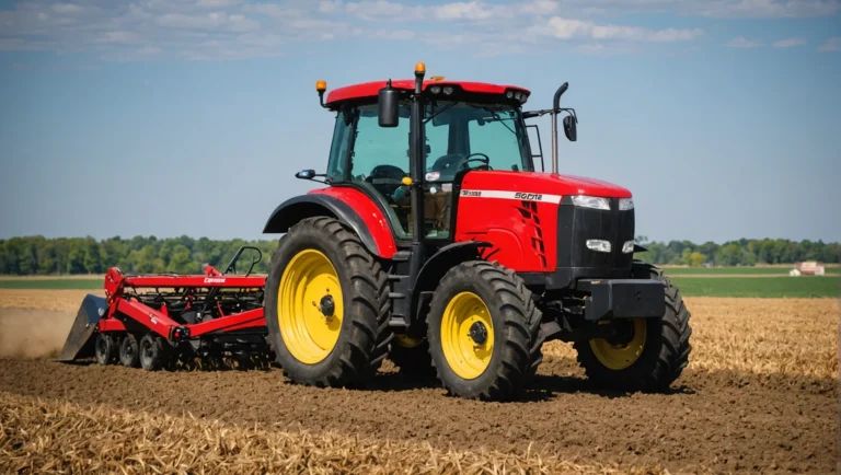 Röd traktor med harv i arbete på en åker under klarblå himmel.